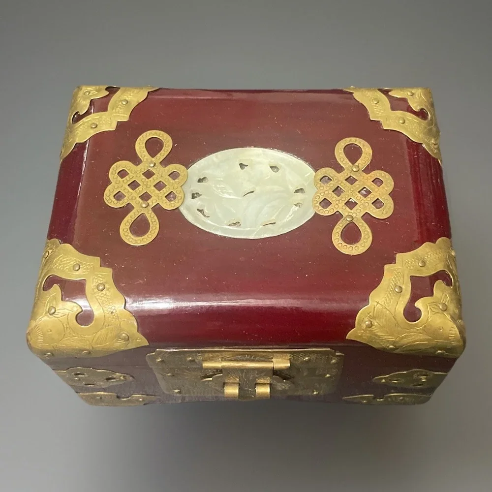 Vintage Asian Wooden Jewelry Box Ornate Brass Carved  Green  Jade Top Silk Lined